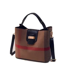 Chic Plaid PU Leather Bucket Bag Women Trendy Crocodile Printing Shoulder Bag Fashion Contrast Color Ladies