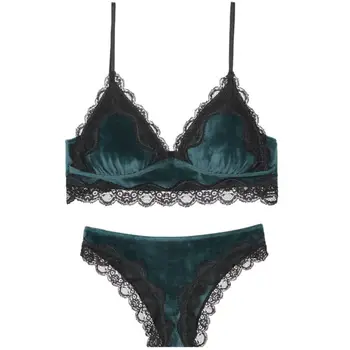 

Women Sexy Floral Lace Splicing Underwear Set Velvet Contrast Color Push Up Padded Wireless Bra Low Rise Seamless Brief Lingerie