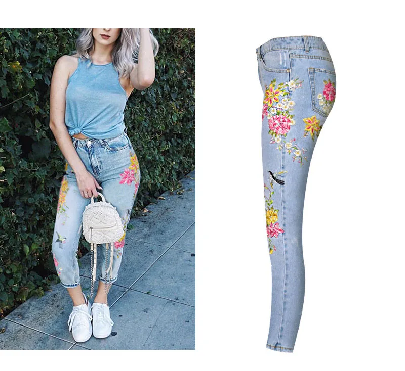 2017 Europe and the United States women's 3D three-dimensional heavy craft bird flowers front and rear side embroidery high waist straight irregular wear jeans (3)