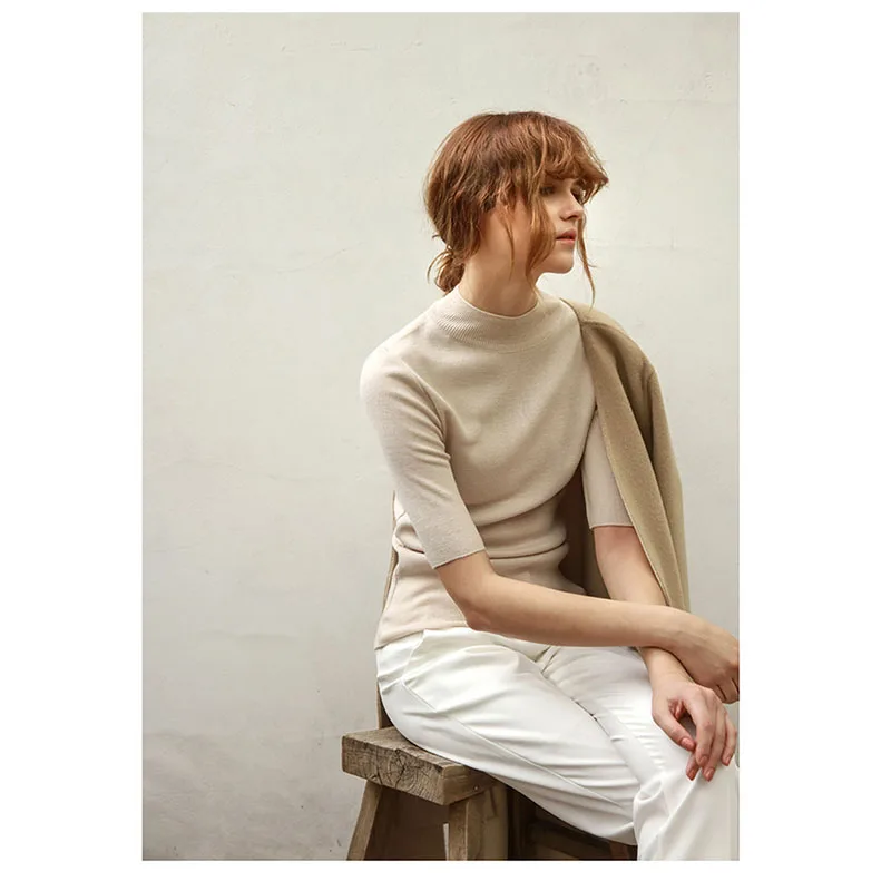 Spring Summer Women Solid Sexy Slim Cashmere Wool Sweaters Short Half Sleeve Turtleneck Pullovers Jumper Knitted A-047 | Женская одежда