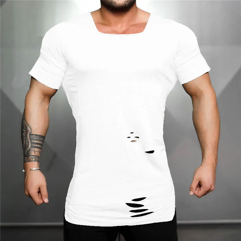 Брендовая одежда для фитнеса, хлопковая футболка для бега, мужская спортивная футболка с коротким рукавом, тренировочная футболка для тренировок, футболки с рваными дырками, футболка для спортзала - Цвет: Белый