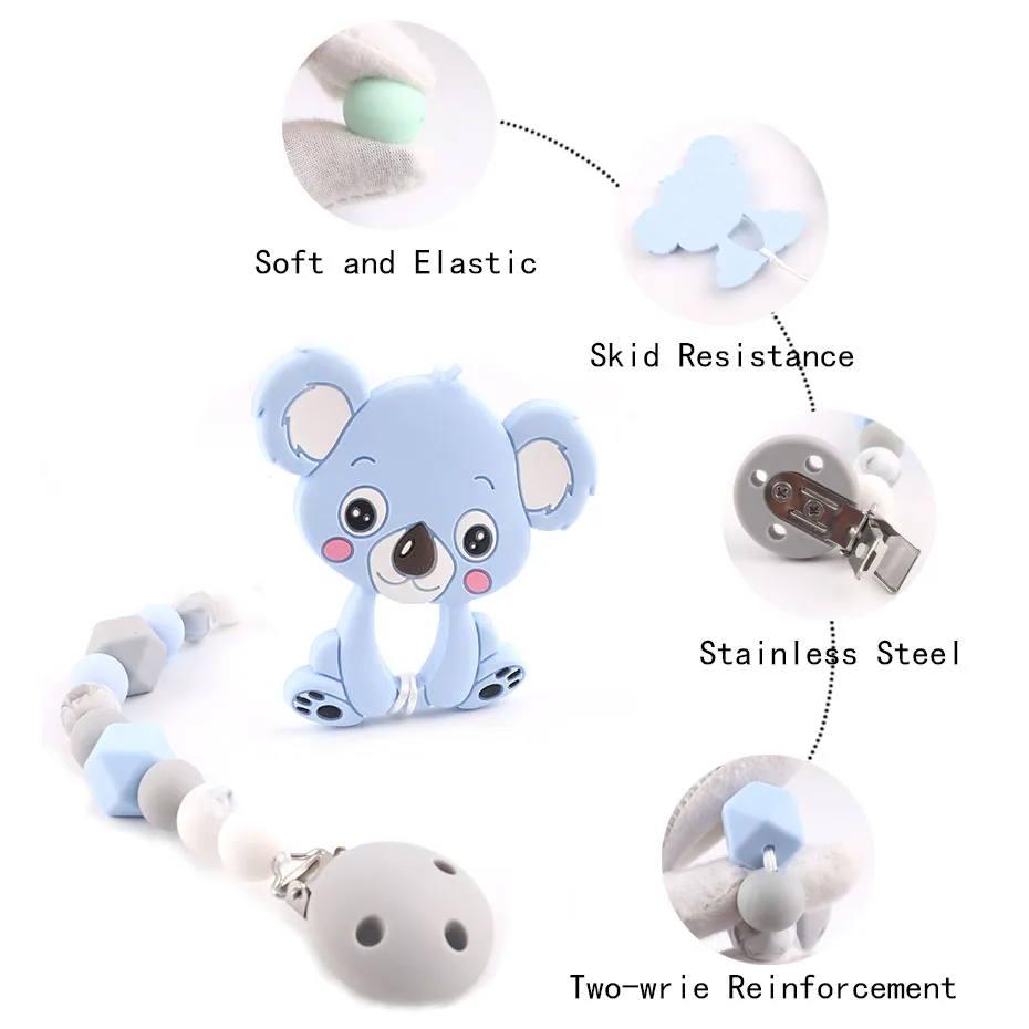 Давайте сделаем пустышку клип силиконовые жевательные бусины BPA бесплатно Koala Baby Shower подарок с сумкой Прорезыватель подарок для ребенка пустышка Клип цепь