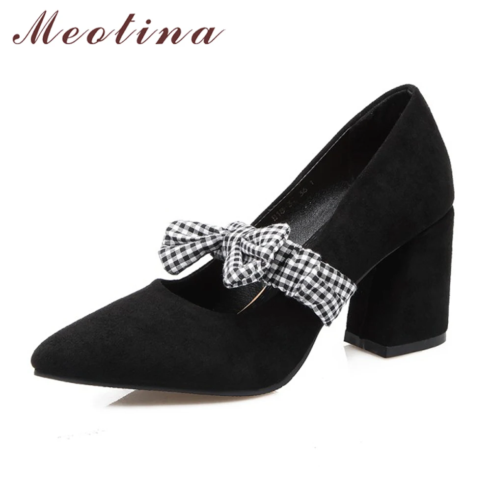 

Meotina Shoes Women Plaid Bow Mary Jane High Heels Causal Pumps Pointed Toe Thick High Heels Red Pink Size 33-46 Ladies Footwear