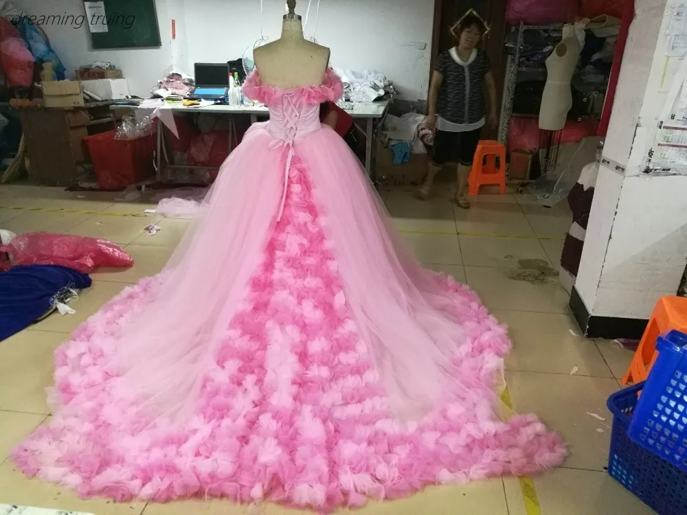 Розовое Пышное Платье для девочек; платья принцессы; платье Золушки с 3D цветок платье с открытыми плечами элегантное вечернее платье, тюль сладкий 16 платье