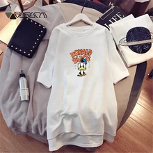 Summer Women Donald Duck Cartoon Dress Short Sleeve Mini Casual Loose Black White Mickey Minnie Women Dresses Big Size M-4XL New chicever knitted irregular summer dress female short sleeve perspective hit colors loose big size black dresses for women new
