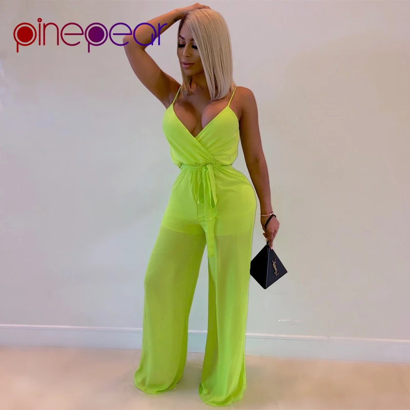 

PinePear Neon Green Mesh Women Jumpsuit Deep V-Neck Sleeveless Backless Loose Pants Romper Fluorescence Overalls Drop Shipping