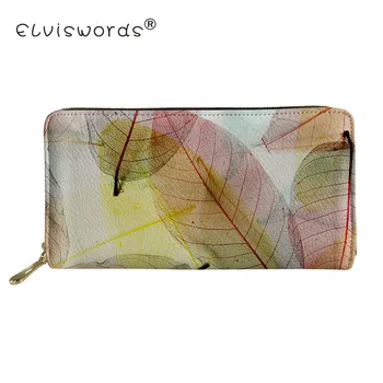 

ELVISWORDS Women Wallets Luxury Leather Zipper Leaves Print Female Fashion Wallets And Purses Ladies Passport Cover Coin Holder