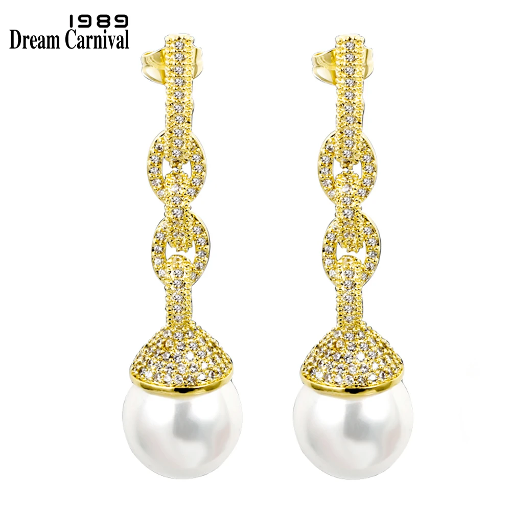 

DreamCarnival1989 Deluxe Drop Earrings for Women Round Simulated Pearls Cream Color Wedding Dangle Zirconia Pendientes de perlas
