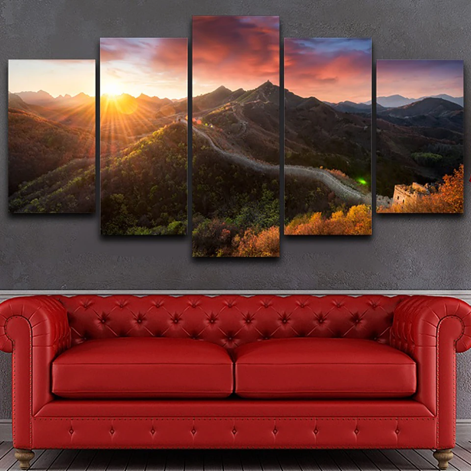 Art Pictures Home Decoration Posters Frame 5 PiecePcs The Great Wall Sunrise View Modern Wall Living Room HD Printed Painting