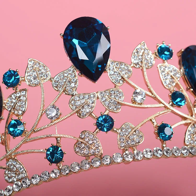 New Arrival Magnificent Blue Red Rhinestone Bridal Crown Tiaras Fashion Golden Diadem for Women Wedding Hair Accessories Jewelry
