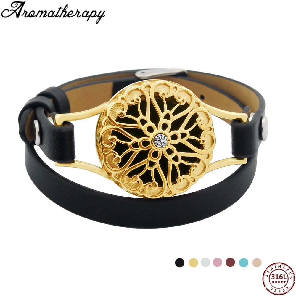 

Electroplating Cage Aromatherapy Stainless Steel Bracelet Essential Oil Diffuser Locket Bracelet Adjustable Leather Bangles