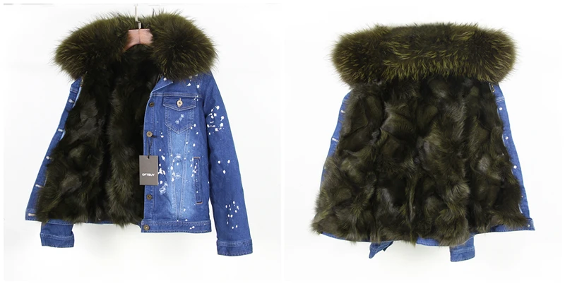 Брендовая Новинка, осенне-зимняя куртка, пальто, женская джинсовая куртка с дырками, настоящий большой воротник из меха енота, натуральный Лисий мех, толстая теплая подкладка