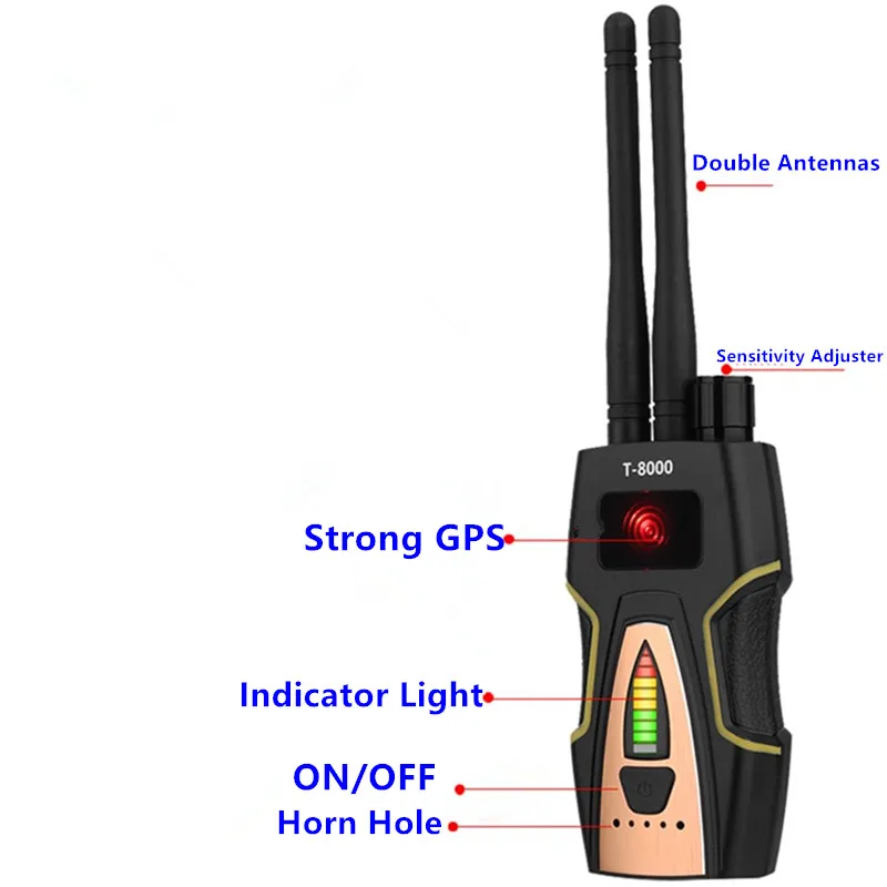 Anti-Spy Wireless RF Signal Detector Bug GPS Camera Finder for Hidden Lens GSM Listening Device T8000(GOLD)