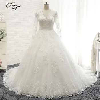 

Vestido de Noiva Ball Gall Wedding Dresses 2020 Sexy Boat Neck Long Sleeves Court Train Lace Applique Trouwjurk Bride Gowns
