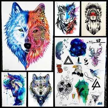 25Style Henna Flower Feather Wolf Watercolor Temporary Tattoo Stickers Women Men Body Art Arm Fake Flash Water Transfer Tattoo