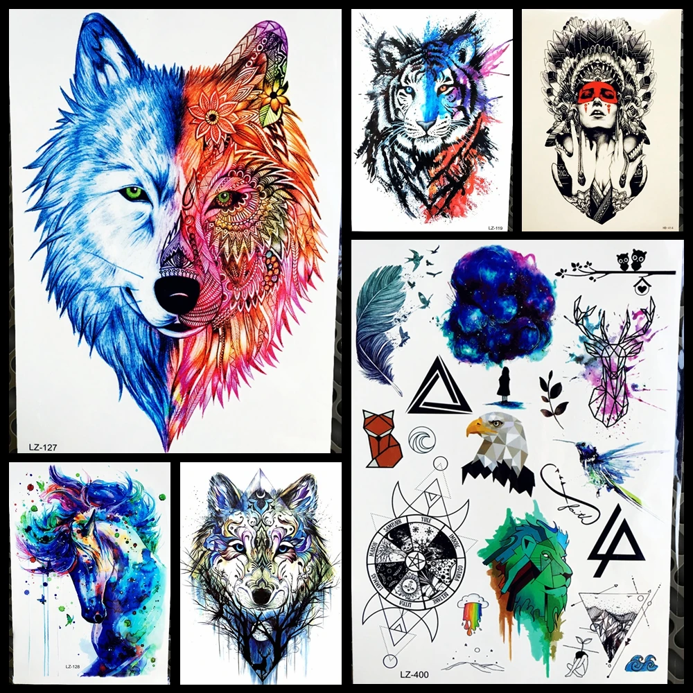 25style Henne Fleur Plume Loup Aquarelle Temporaire Tatouage Autocollants Femmes Hommes Corps Art Bras Faux Flash Transfert D Eau Tatouage Aliexpress