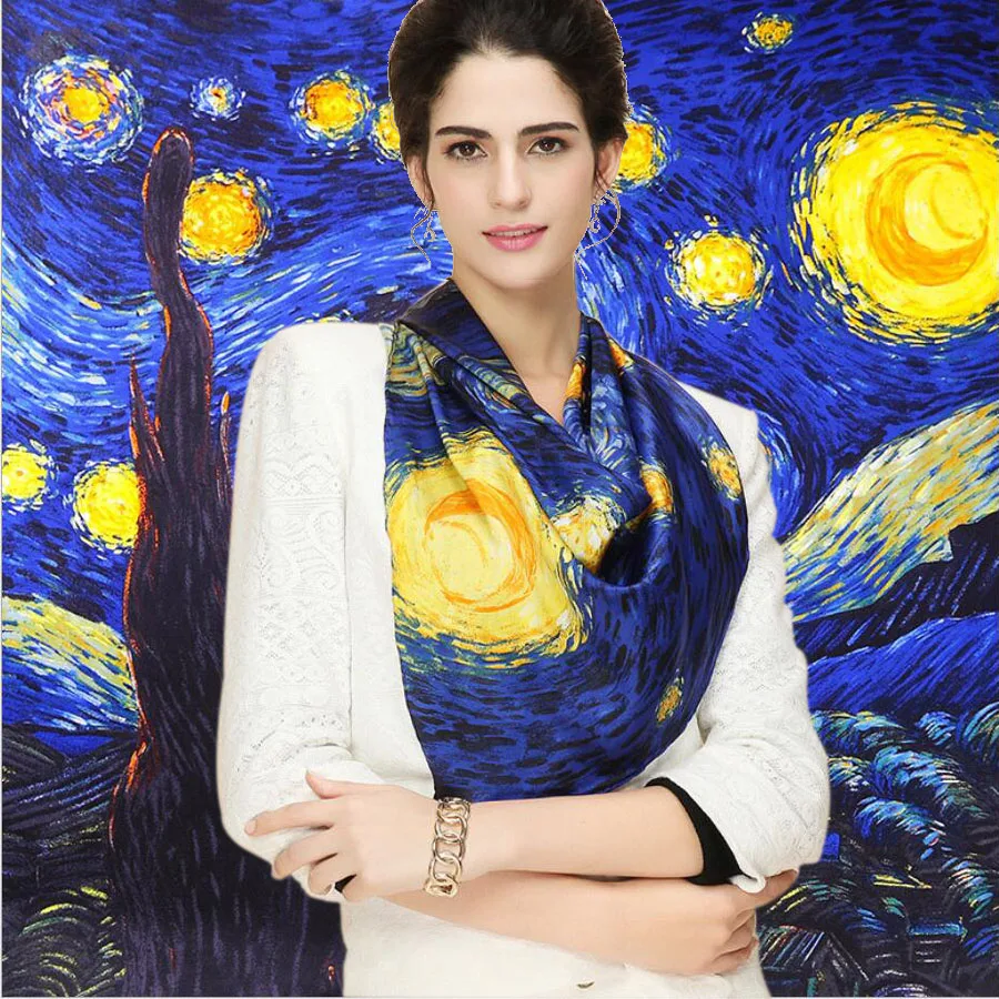 

2018 Van Gogh Oil Painting 100% Real Silk Scarf Square 90*90cm Women Scarf Luxury Brand Designer Scarves Female Wrap