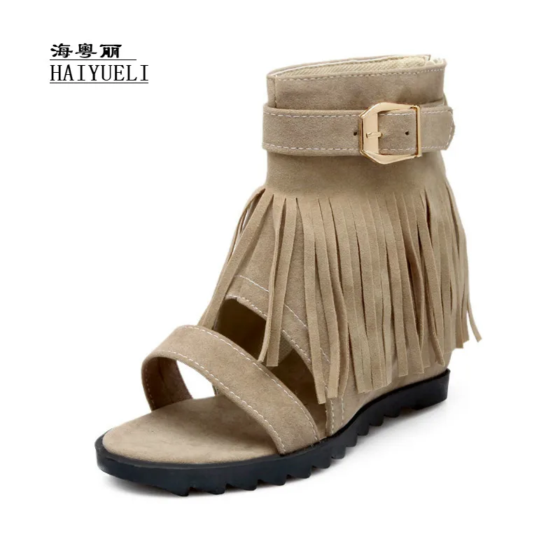

Women Fashion Spring Autumn Tassel Open Toe Wedges Summer Ankle Boots Sandals