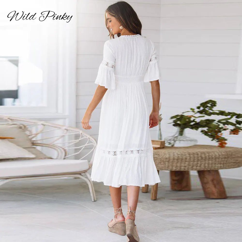 WildPinky New White Lace Up Long Sexy Dress Women Summer V-neck Hollow Out Party Bohemian Dress Casual Feminino Dresses Vestidos