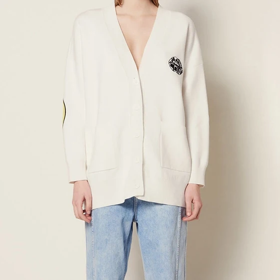 

2019 spring new arrival V neck long sleeve single breasted sweet patch embroidery women casual loose cardigans coat