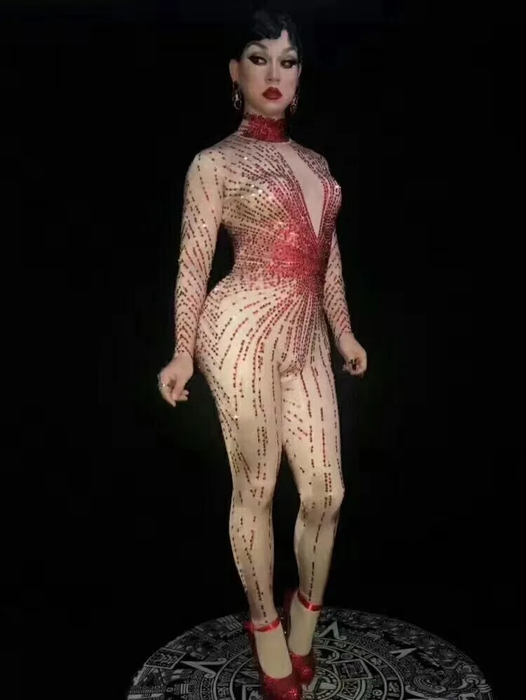 Sexy Usure Anniversaire Barboteuses Rouge Femmes Costume Bling Stade Dj Chanteur Jumpsuit Porter Femelle De Strass Célébrer Outfit Body Salopette r6rxS1qAw