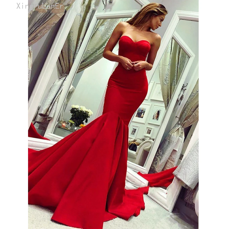 

Elegant Red Long Satin Mermaid Evening Gowns Simple Sweetheart Sweep Train Women Special Occasion Dress Formal Prom Dresses