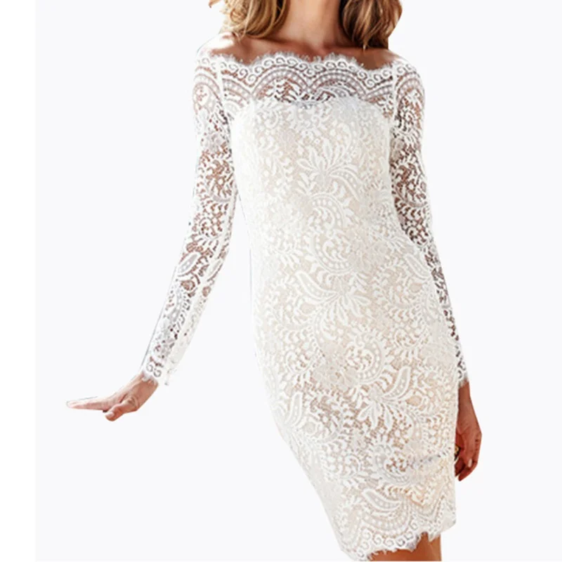 

Sexy Women Off Shoulder Lace Pencil Dress Evening Long Sleeves Slim Party Bodycon Mini Dress