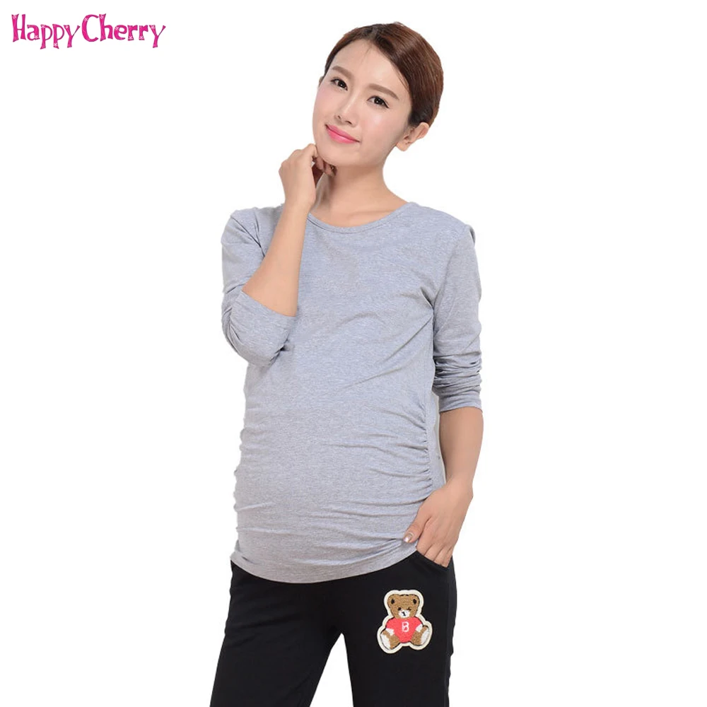

Happy Cherry Maternity Shirts for Pregnant Women Mother New Cotton Long Sleeve Tees Clothes Black&Grey Tops Plus Size L-4XL