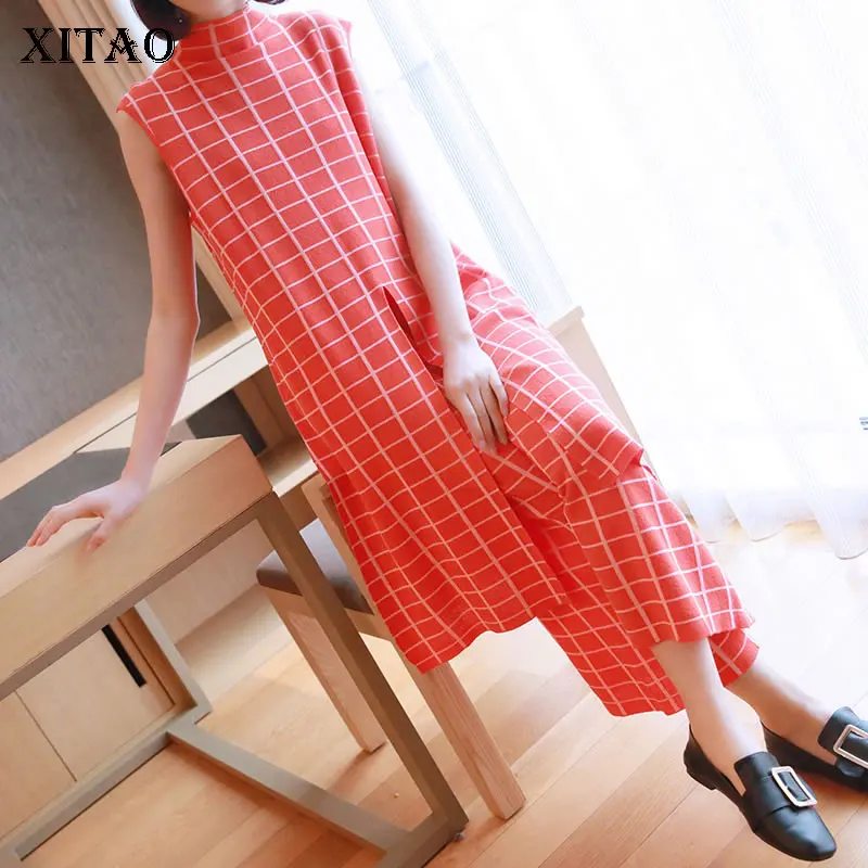 

[XITAO] Women 2019 Summer Korea Fashion O-neck Short Sleeve Casual Top Female Plaid Elastic Waisted Full Length Pants DLL3384
