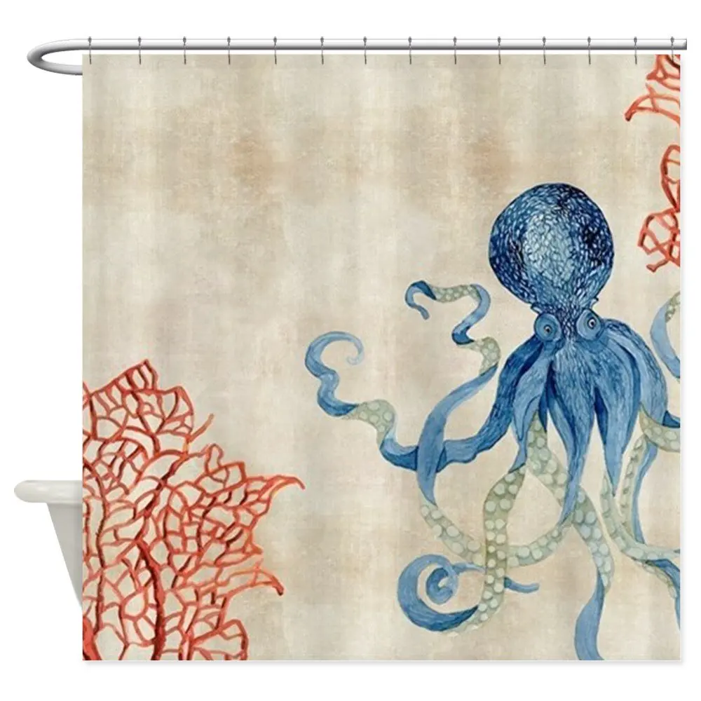 Custom Indigo Ocean Coral Octopus N Red Decorative Fabric Shower Curtain | Дом и сад