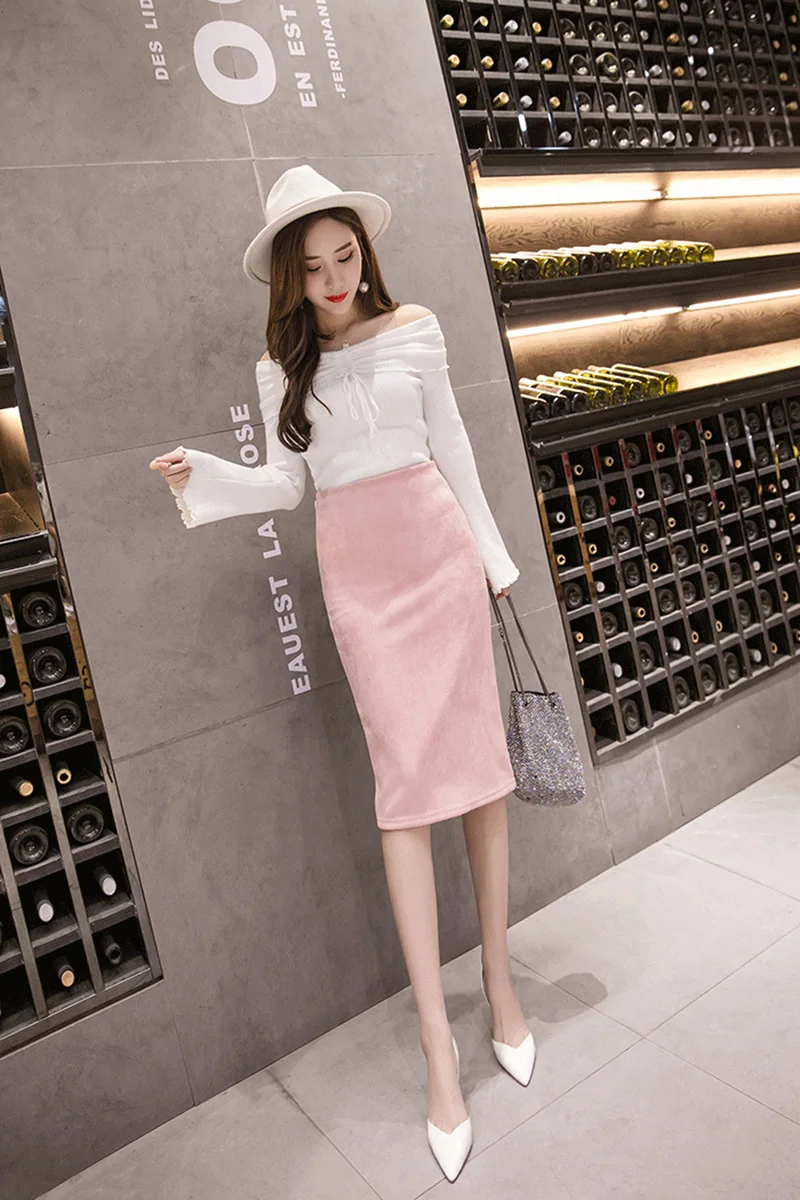 Magiray Harajuku юбка-карандаш с высокой талией, Женская замшевая Юбка До Колена, осенняя Зимняя юбка, винтажная Сексуальная черная розовая юбка C465