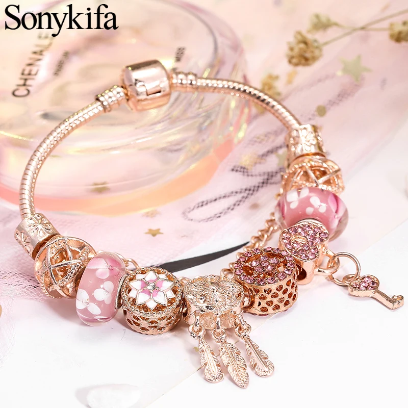

Sonykifa Rose Gold Dreamcatcher Pendant Charm Bracelets For Girl Pendant Pandoro Bracelet For Women Jewelry Dropshipping