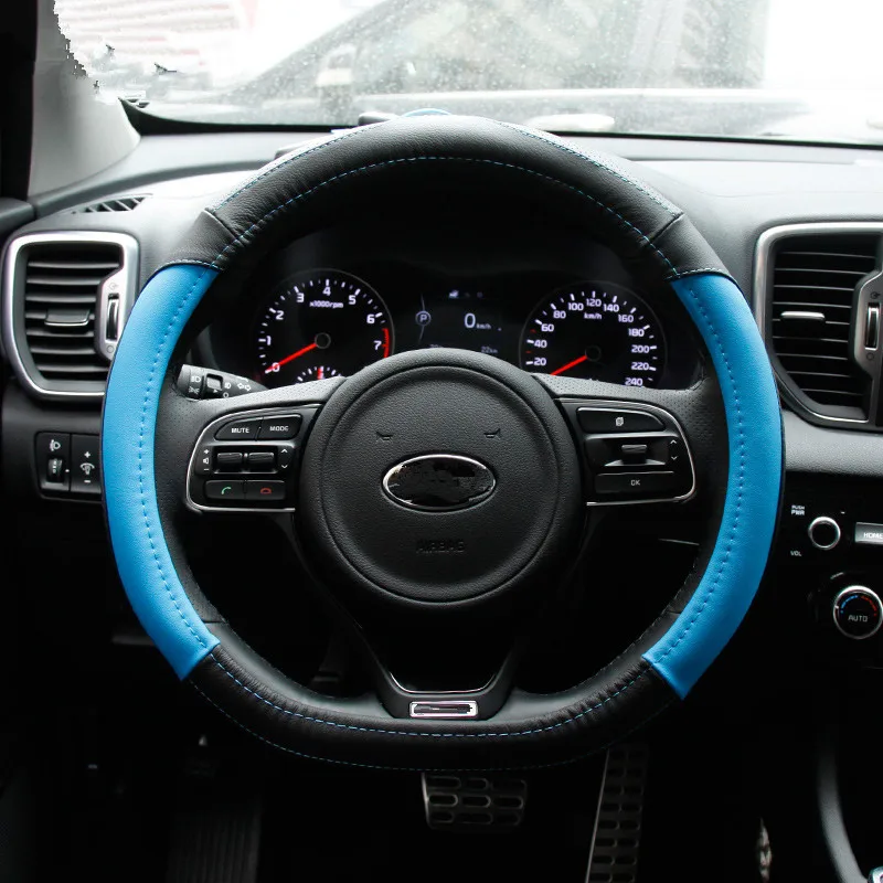 Для kia sportage 3 автомобильный кожаный чехол на руль, кожаный сшитый вручную чехол на руль, автомобильные аксессуары - Цвет: 1.6T blue