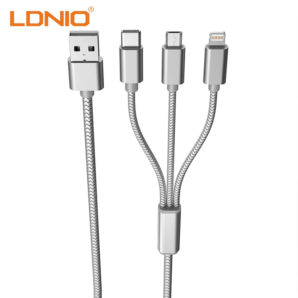 

LDNIO 3 In 1 USB Cable For Mobile Phone Micro/Lightning/Type C Plug Data Transfer Line Quick Charge USB Cord Adapter Connector