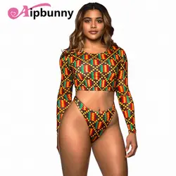 AtejiFey сексуальная одежда с длинным рукавом африканские купальники Для женщин 2018 консервативная Геометрия Треугольники комплект бикини