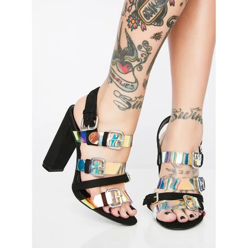 ARQA Women's Summer Fashion Open Toe One Word Form Hasp Chunky Sandals Glow Color Sequins High Heels Shoes Sexy Work Shoes