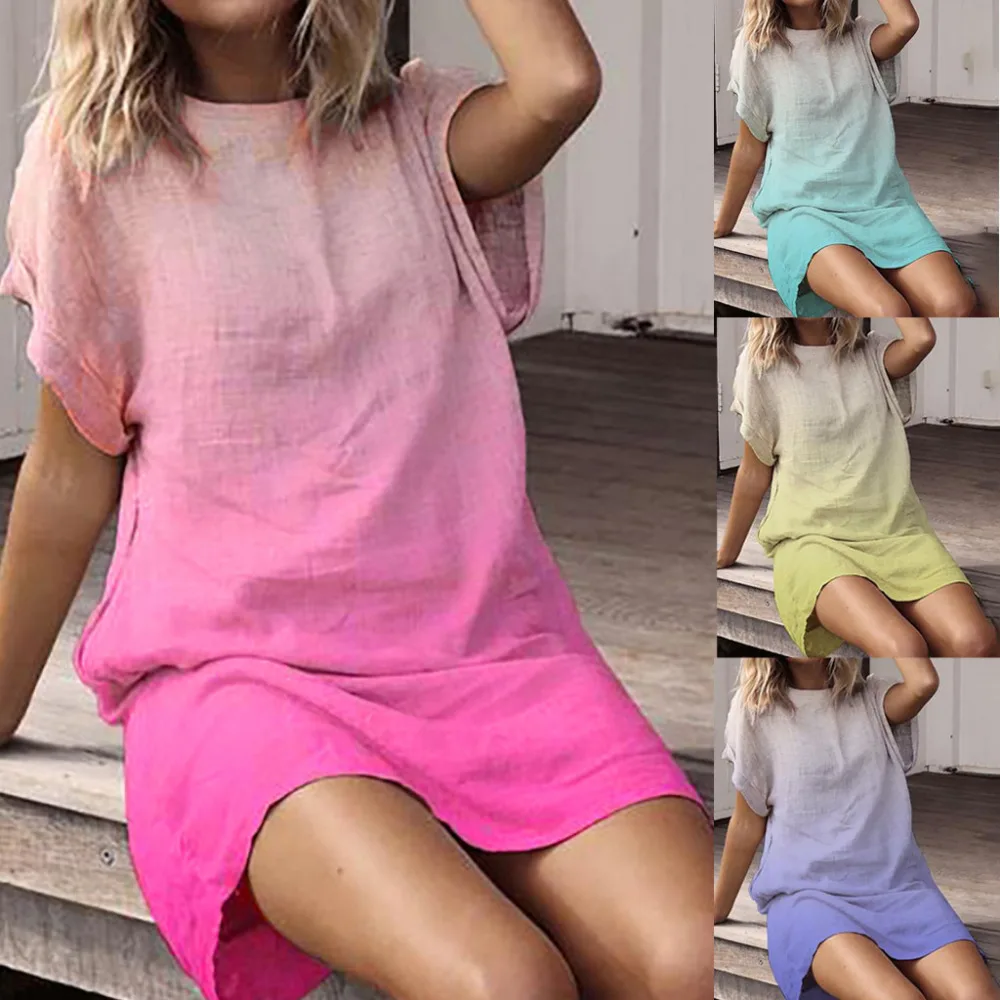 2019 women loose plus-size round neck beach dress cotton summer print dyed gradient short-sleeved beach dress plus size 40J10 (1)