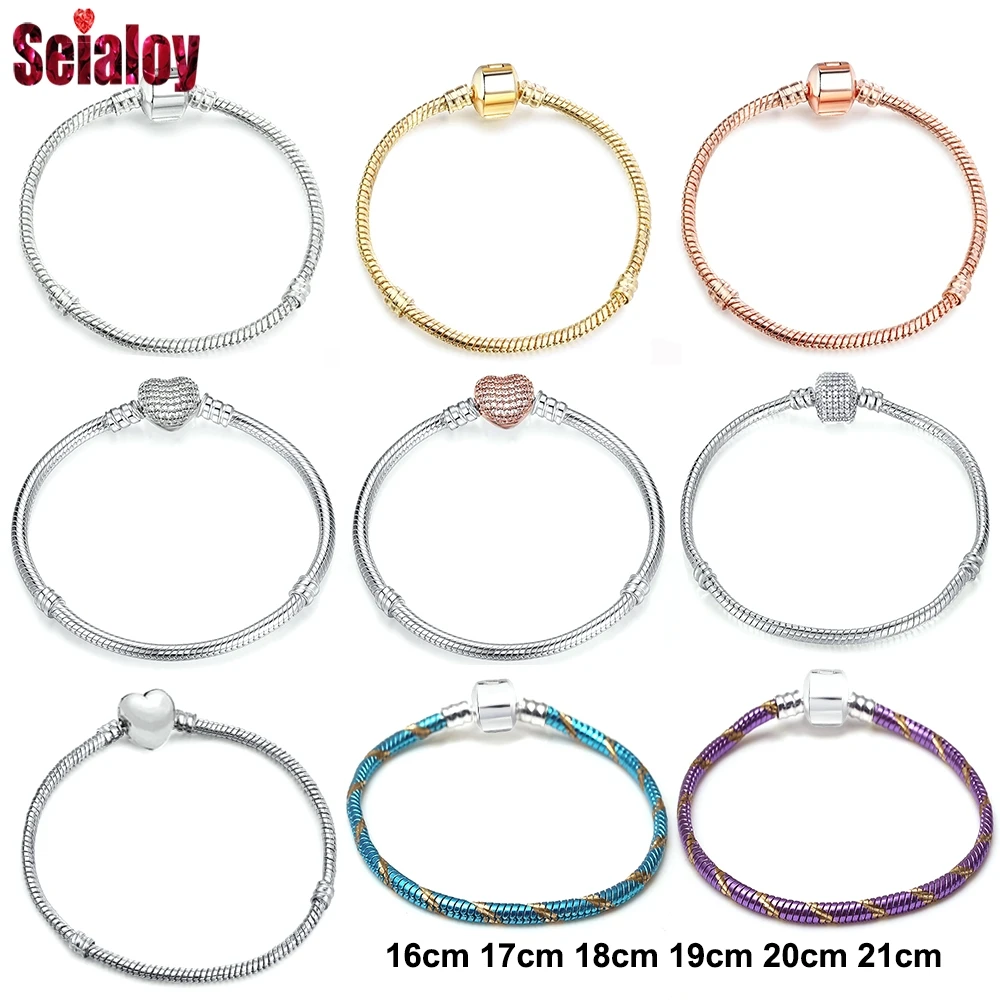 

2019 High Quality Rose Gold Colorful Snake Chain Charm Bracelet Fit Original Beaded Bracelet Bangles Brands Gift For Women Men