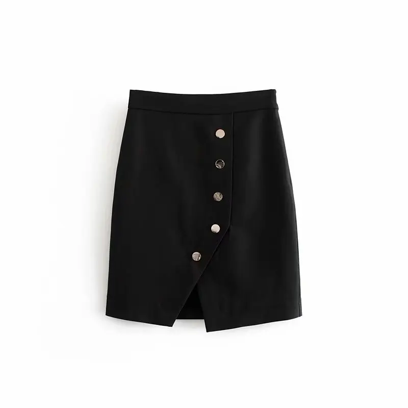 Фото ASDSWomen основной черный юбка миди кнопки украсить черные офисные одежда Разделение