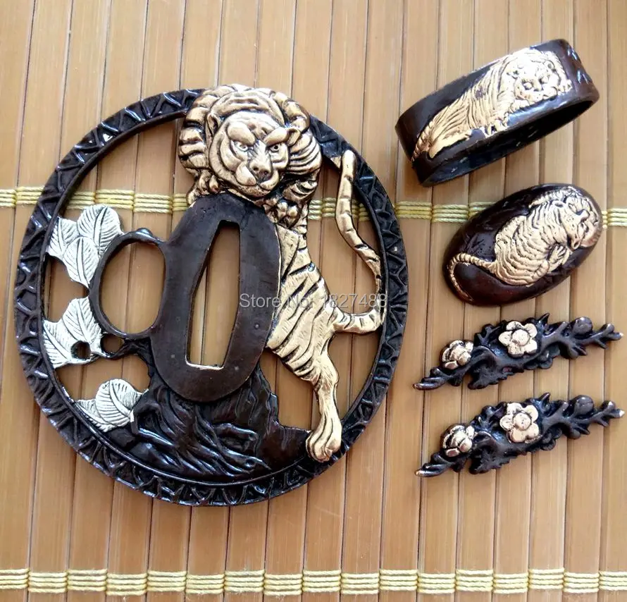 Набор бутик японский самурайский меч катана медные фитинги Tsuba Fuchi Kashira Menuki украшения аксессуары W/дизайн тигра