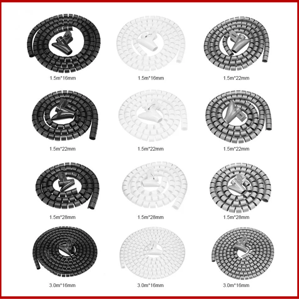Гибкая спиральная трубка Кабельный органайзер проволочная обёрточная Бумага шнур протектор провода для хранения труб устройство для сматывания кабеля 1,5 м 3 м черный белый серебристый