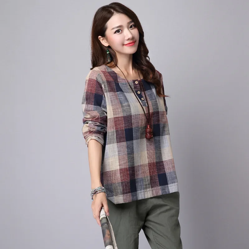 Achat 2017 Nouveau Printemps Col Rond Classique Cas Grain Coton Lin Frapper Scène Lâche à manches longues Chemise femme Vêtements 154D 20