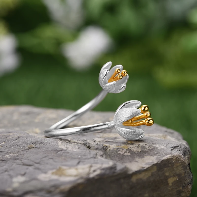 Lotus Fun Настоящее серебро 925 проба Натуральный ручной работы дизайнерские ювелирные изделия Регулируемые свежие цветущие цветочные кольца для женщин