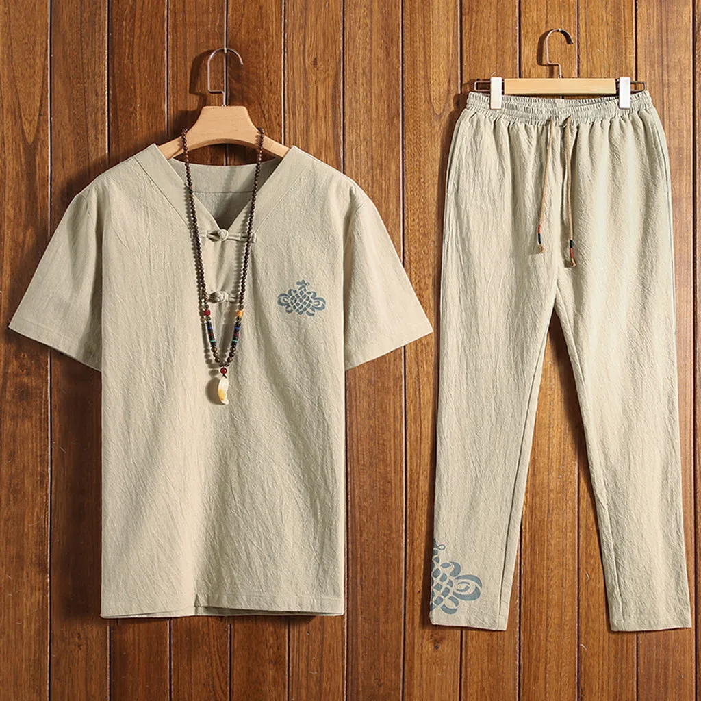 

Summer Hot Men's Sets New print T Shirts+pants Two Pieces Sets Casual Tracksuit Male Casual Tshirt Cotton Linen trousers Apr17