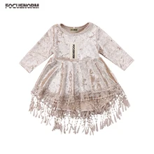 Принцесса сладкий Демисезонный платье одежда для малышей Обувь для девочек бархат кисточкой трапециевидной формы с длинными рукавами до колена Длина одноцветное платье наряд вечерние