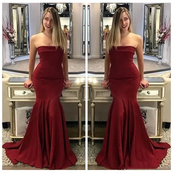 

Burgundy Mermaid Bridesmaid Dresses 2018 Sexy Strapless Floor Length Party Gowns Robe De Soiree Prom Dress Custom Made