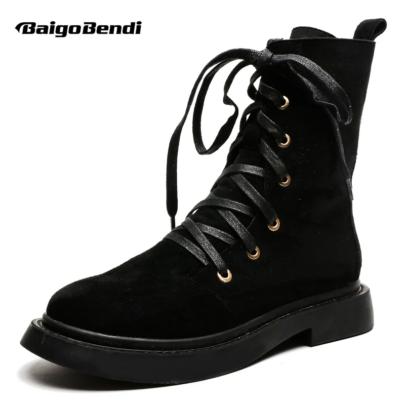 

Hot ! Woman Lace Up Mid-calf Motorcycle Boots Black Retro Riding Boots Girls Winter Flat Boots Casual Shoes