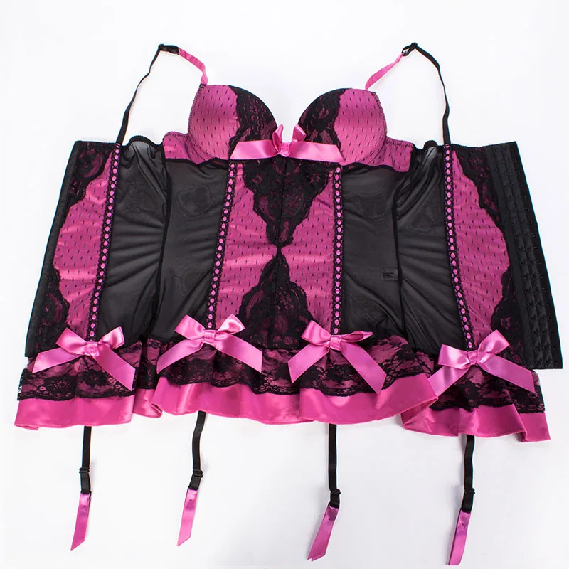 S-XXXL, сексуальное розовое красное сатиновое и черное Сетчатое бюстье с эффектом пуш-ап, корсет, сексуальное женское белье размера плюс, женская ночная сорочка, нарядное нижнее белье