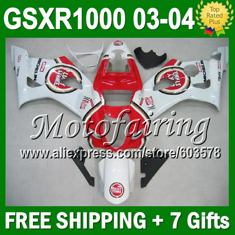 

7gifts For SUZUKI GSX-R1000 Lucky Strike 03-04 GSX R1000 2003 2004 GSXR 1000 621 GSXR1000 K3 03 04 NEW Red White Fairing