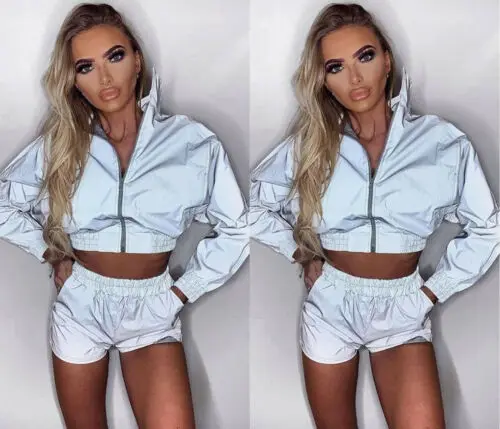 

Women Tracksuit Reflective light jacket short Pants Set Sport clubwear Suit